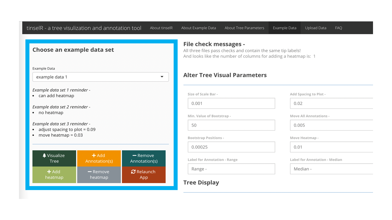 Pre-loaded example dataset 1 is selected and can be seen once the user presses the 'Visaulize Tree' button.