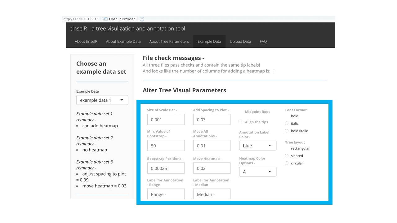 'Example Data' tab with available tree visual parameters highlighted within the blue box.