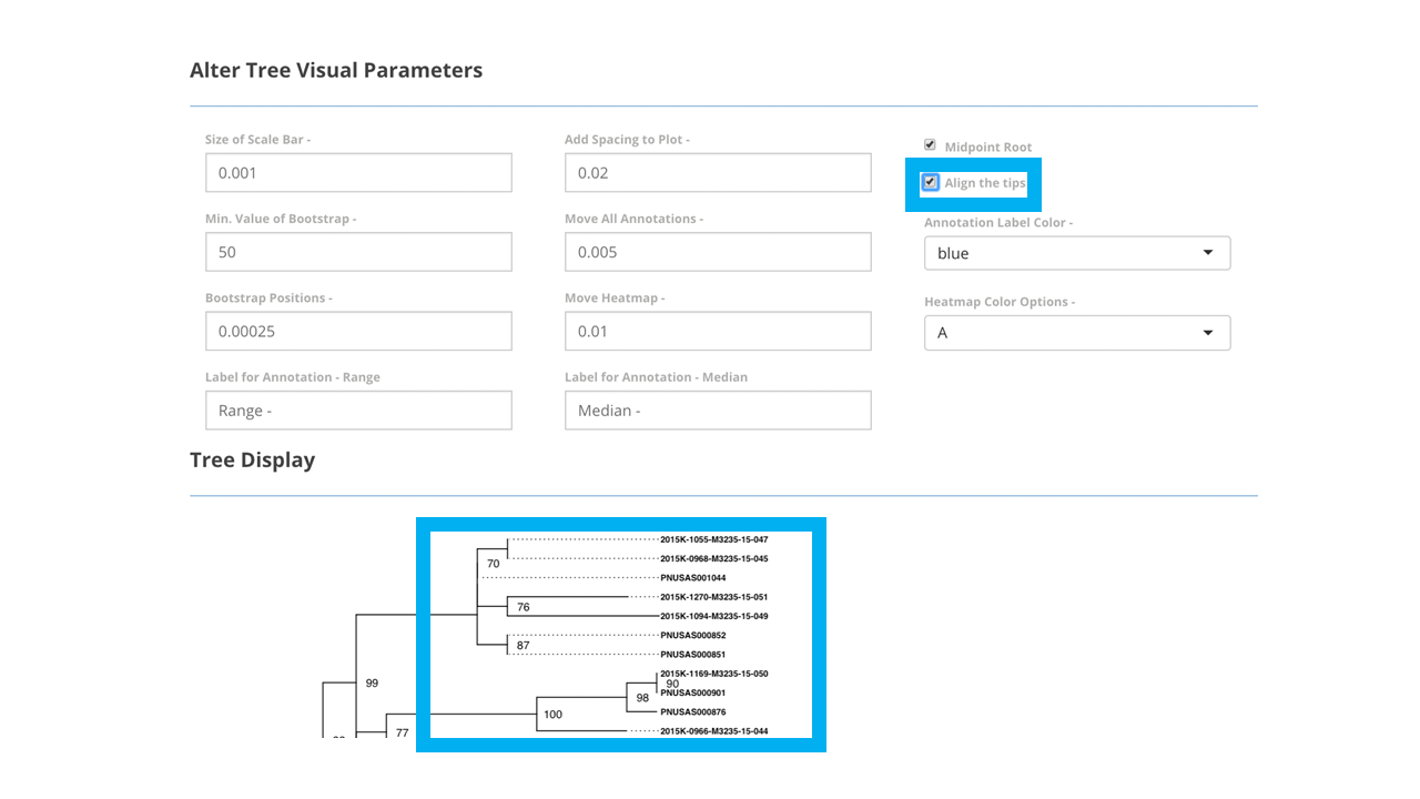 Pressing 'Visualize Tree' button will allow the tree to be viewed on screen. Within the larger blue box, part of a phylogenetic tree is displayed with tips right aligned. The smaller blue box indicates that the 'align the tips' box has been selected.