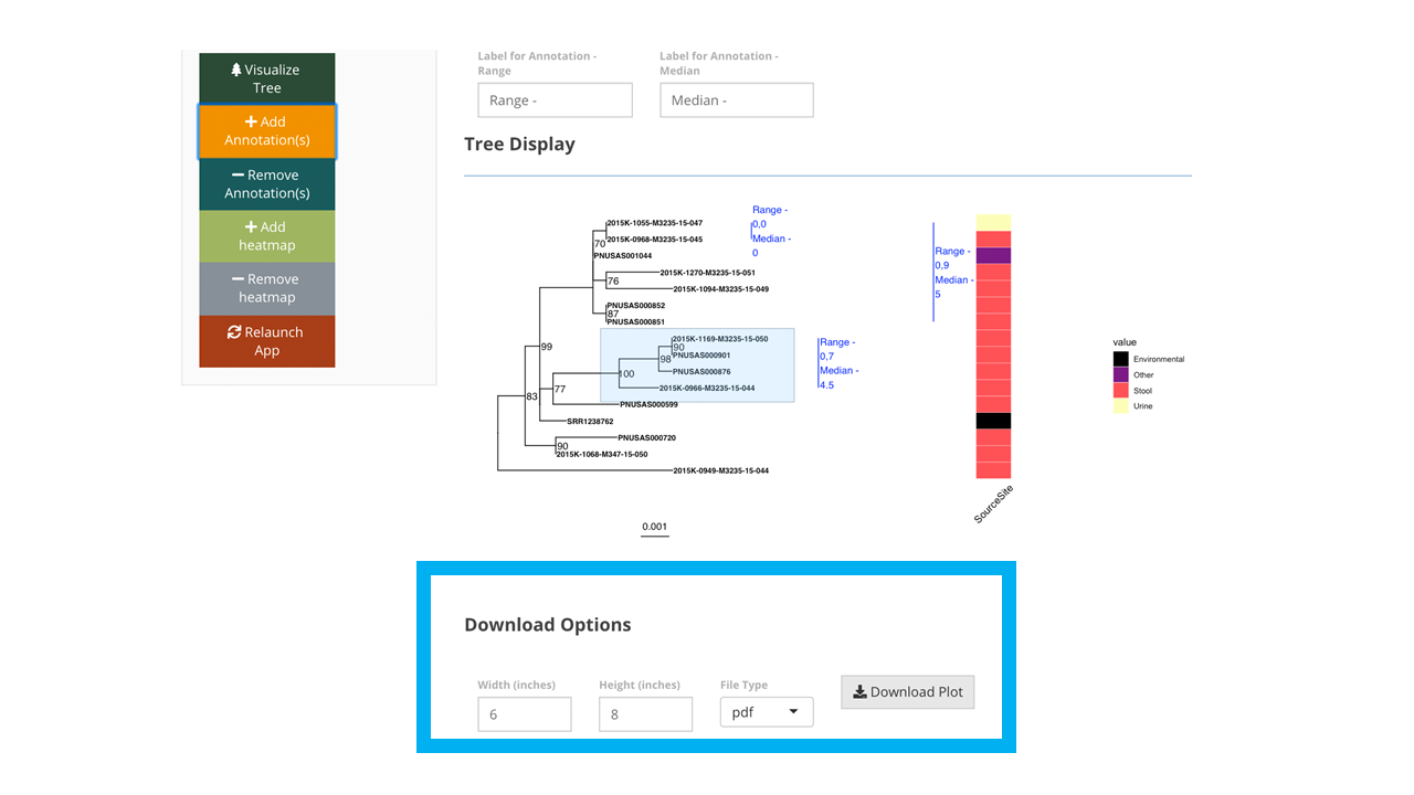 Tree image with annotations and a heatmap of collection source displayed. The download image options is within the blue box on the bottom of the image.